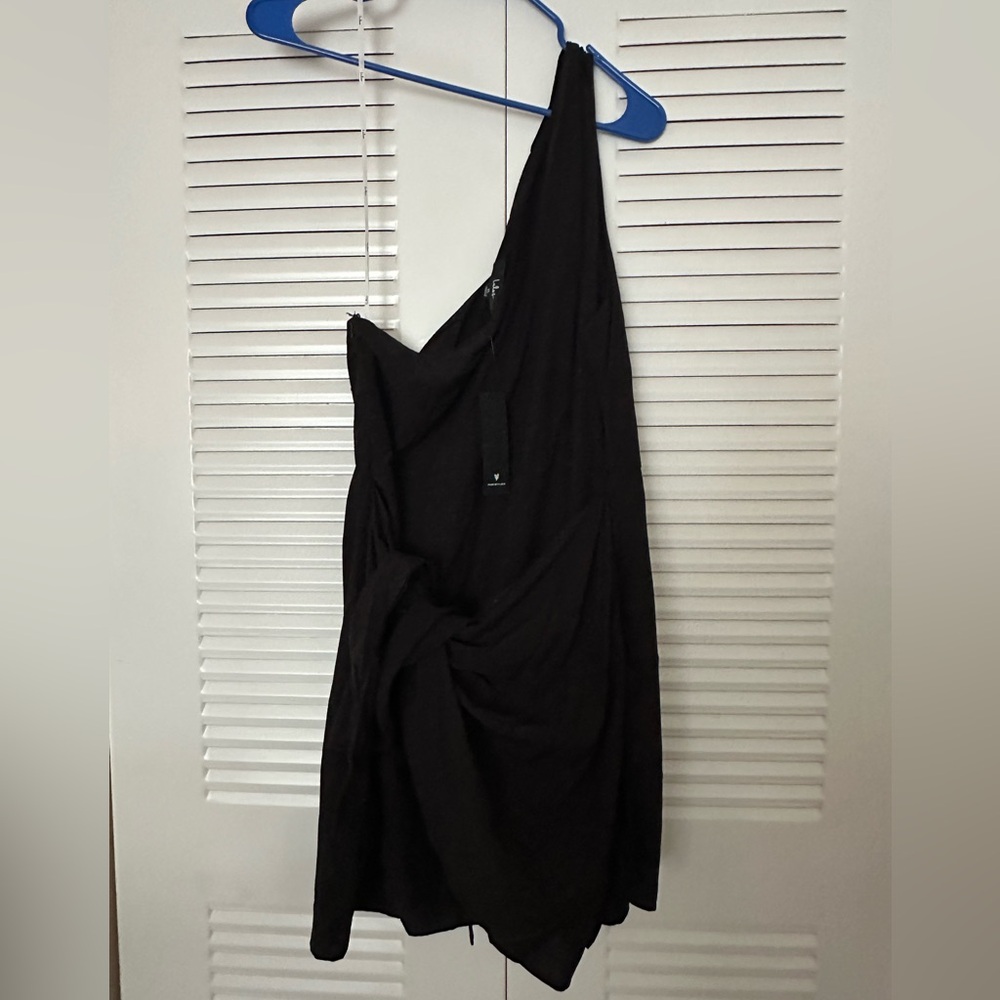 Gorgeous Garden Black One-Shoulder Faux-Wrap Mini Dress